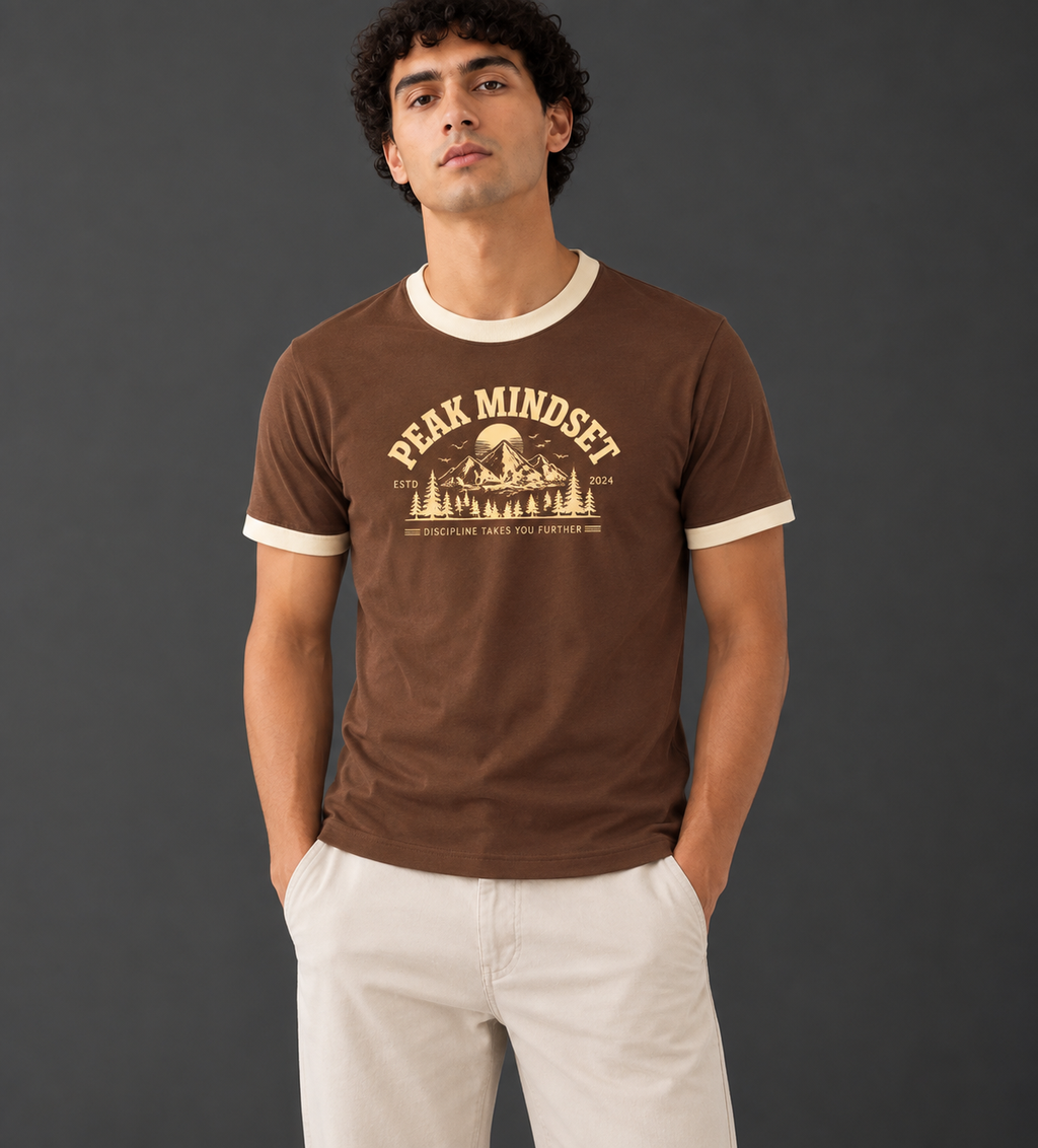 Mousse & Cream Ringer Tee (Peak Mindset Mountain Badge)