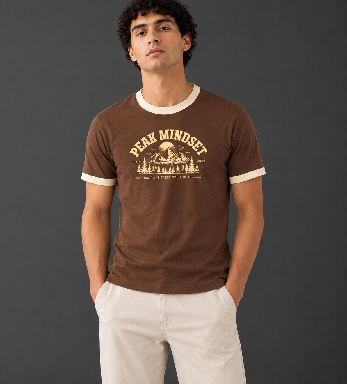 Mousse & Cream Ringer Tee (Peak Mindset Mountain Badge)