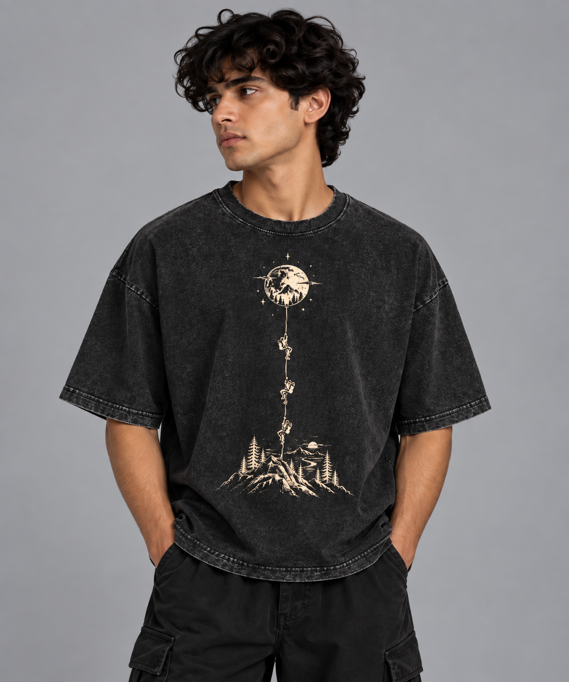 vintage fade wash oversized tshirt (Moonlit Rope Climb Adventure)