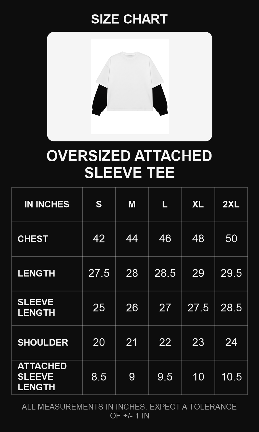 Oversized attached sleeve tee size chart