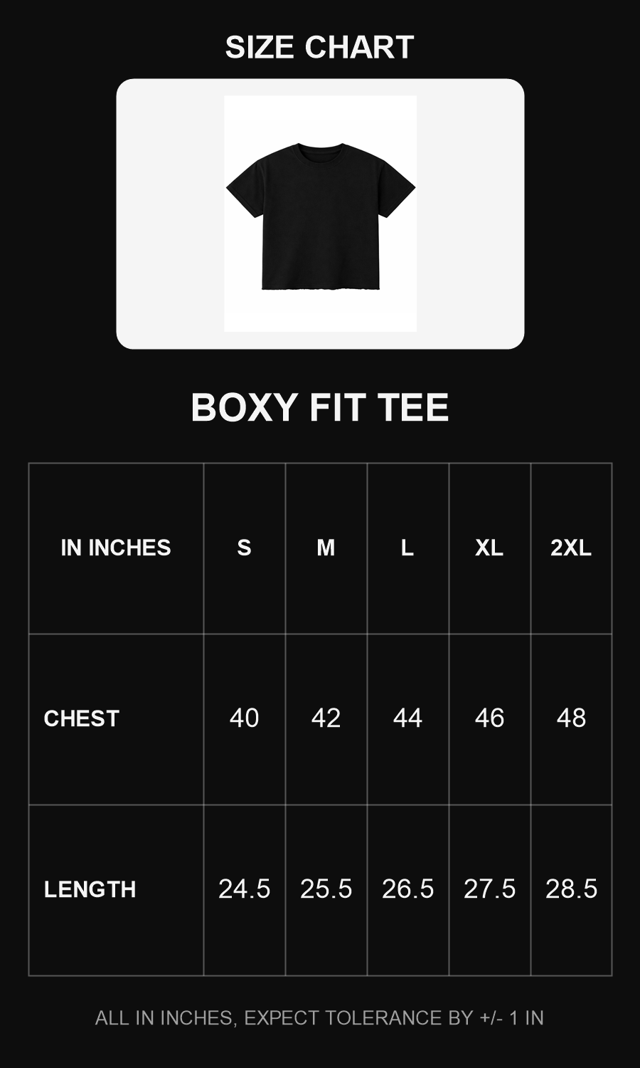 Boxy fit tee size chart