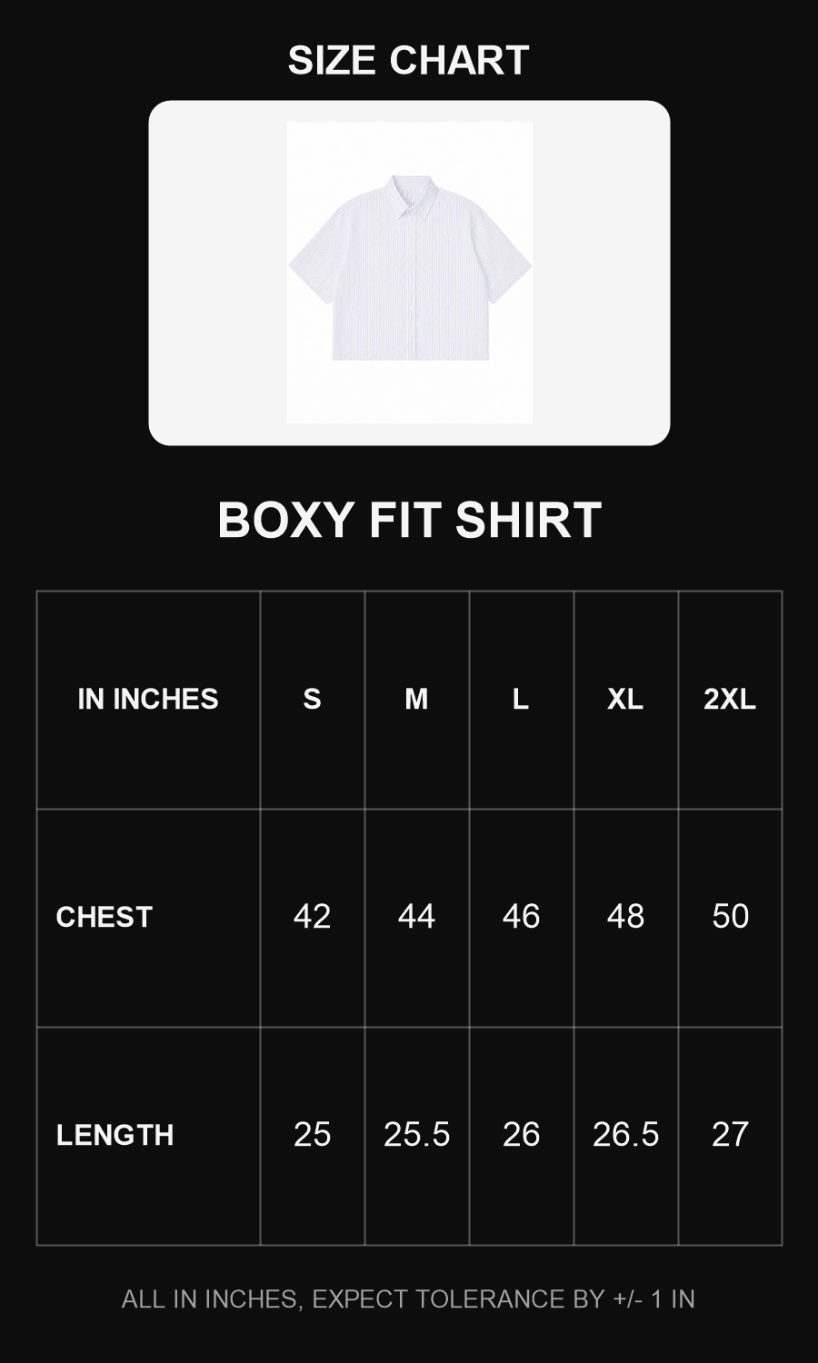 Boxy fit shirt size chart