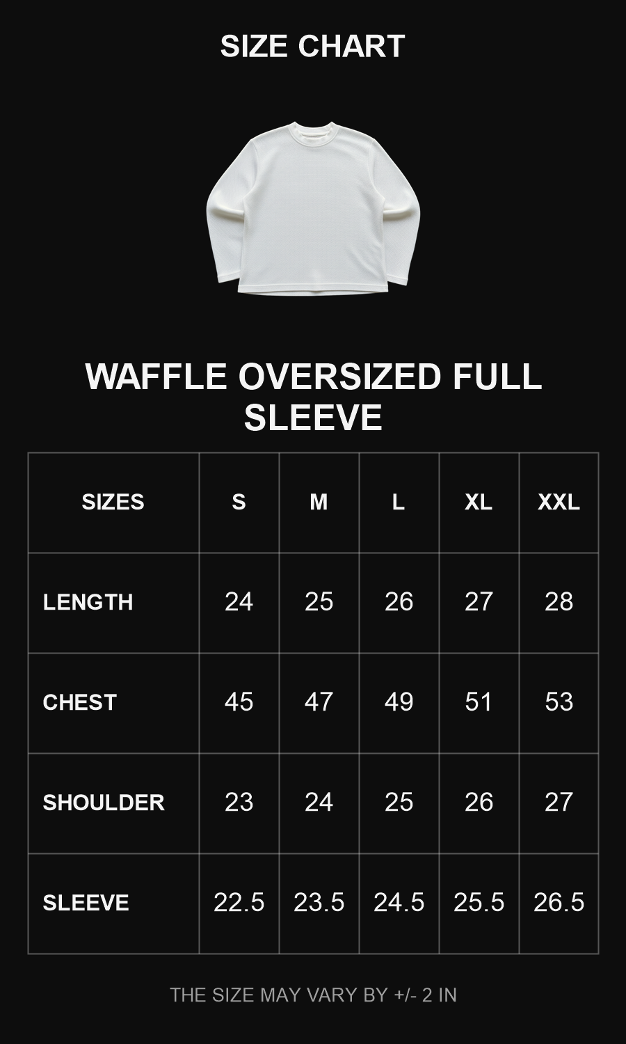 Waffle oversized full sleeve size chart