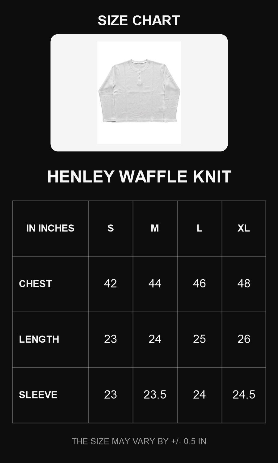 Henley waffle knit size chart