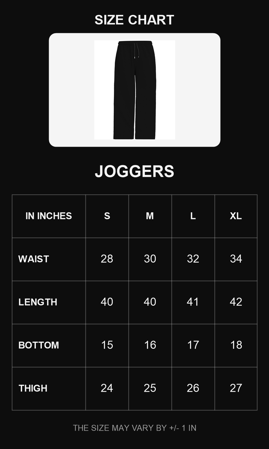 Joggers size chart